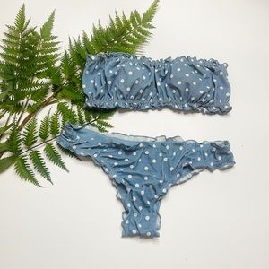 Pacsun two piece strapless cheeky ruffled blue polka dot bikini